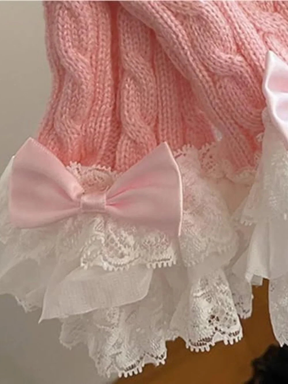 Fingerless Knit Arm Warmers with Lace Bow Y2K Lolita Gothic